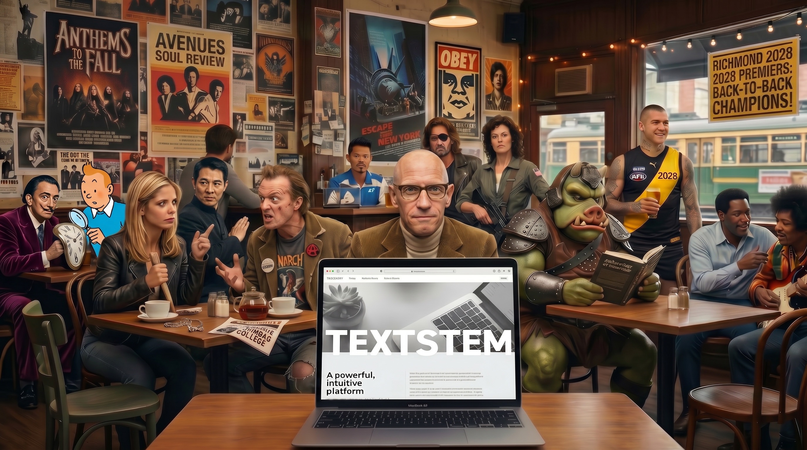 A diverse group of people and characters is gathered in a coffee shop filled with posters and memorabilia on the walls. In the foreground, a laptop displays the text "TEXTSTEM" while a mix of animated characters and real people engage in conversation, showcasing a blend of styles and expressions.
