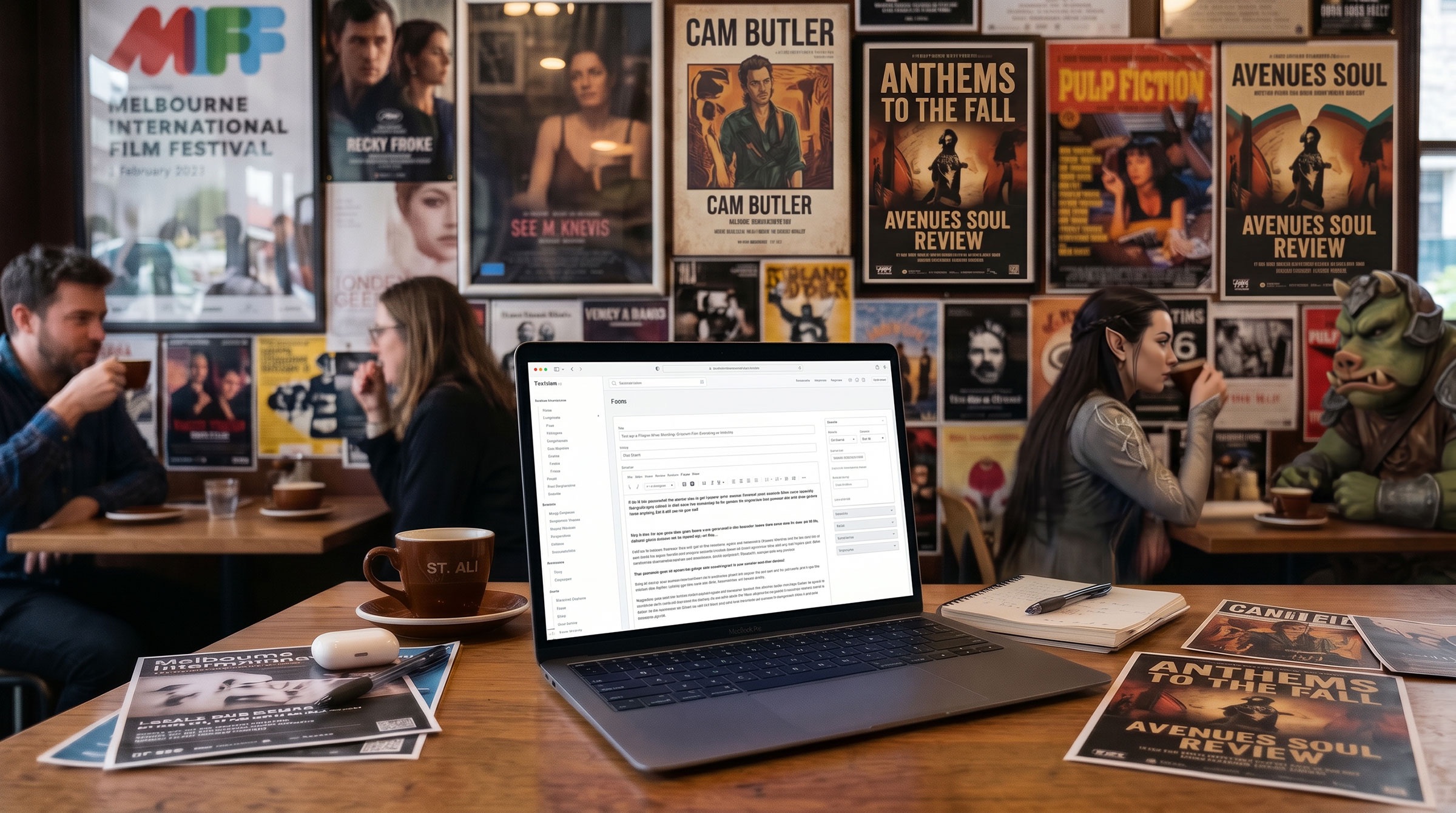 A laptop is open with a document on its screen, placed on a table surrounded by magazines featuring film reviews. In the background, a wall is covered with various movie posters, while two people sit at a nearby table, enjoying coffee and engaged in conversation. The setting has a cozy café atmosphere.