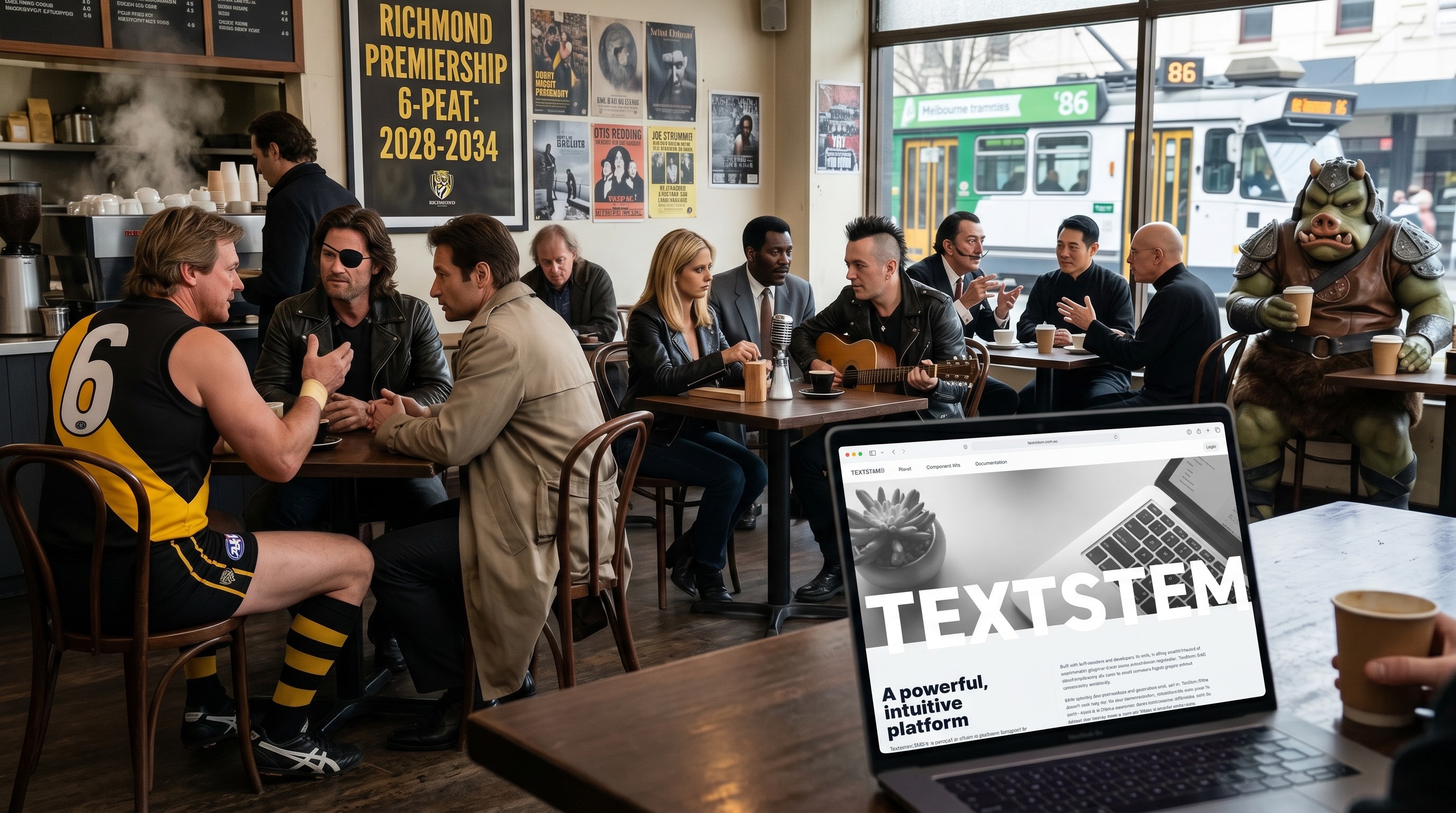 A lively café scene shows a mix of people seated at tables, some engaged in conversation, while others play guitar or enjoy coffee. A large computer screen displays information about a platform called "TEXTSTEM." In the background, various posters and a streetcar can be seen through the window. A large, armored figure resembling a fantasy creature sits at the far right, contributing to the eclectic atmosphere.